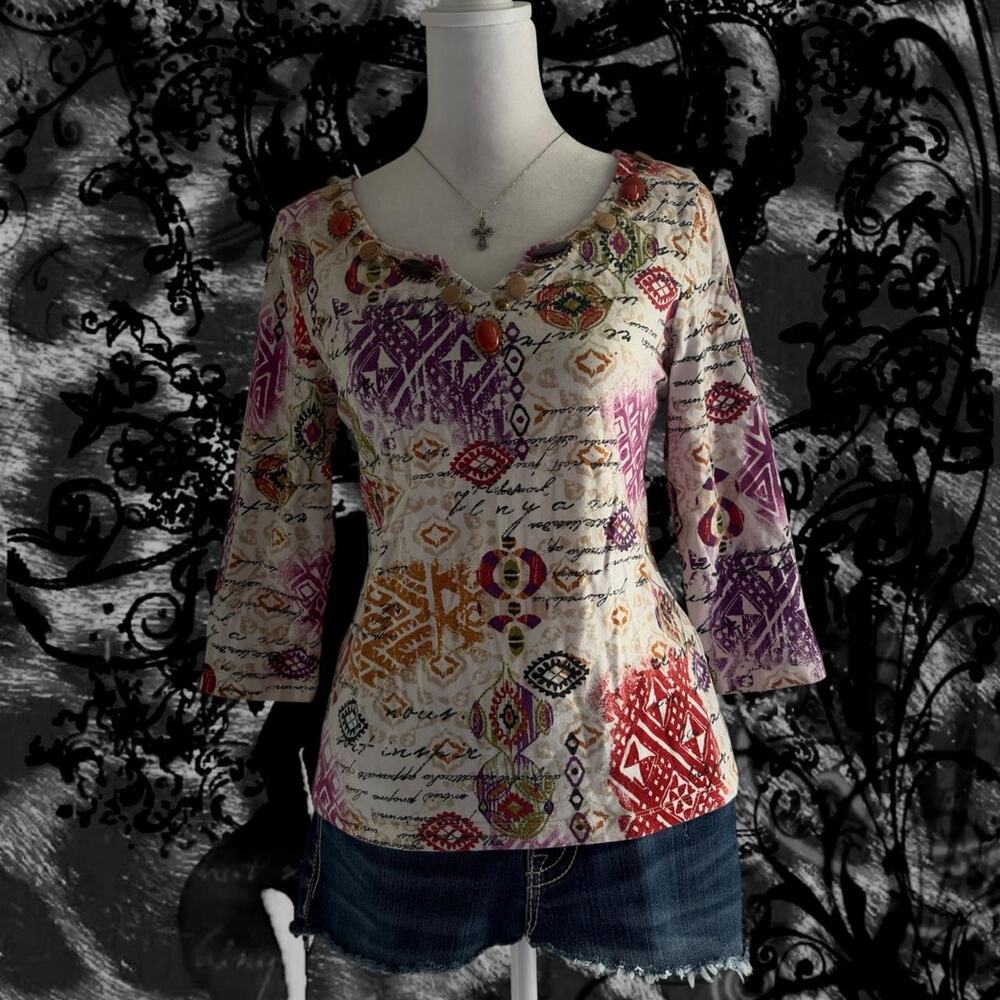 vintage bejeweled beaded neck whimsical fairy boho grunge cursive script top